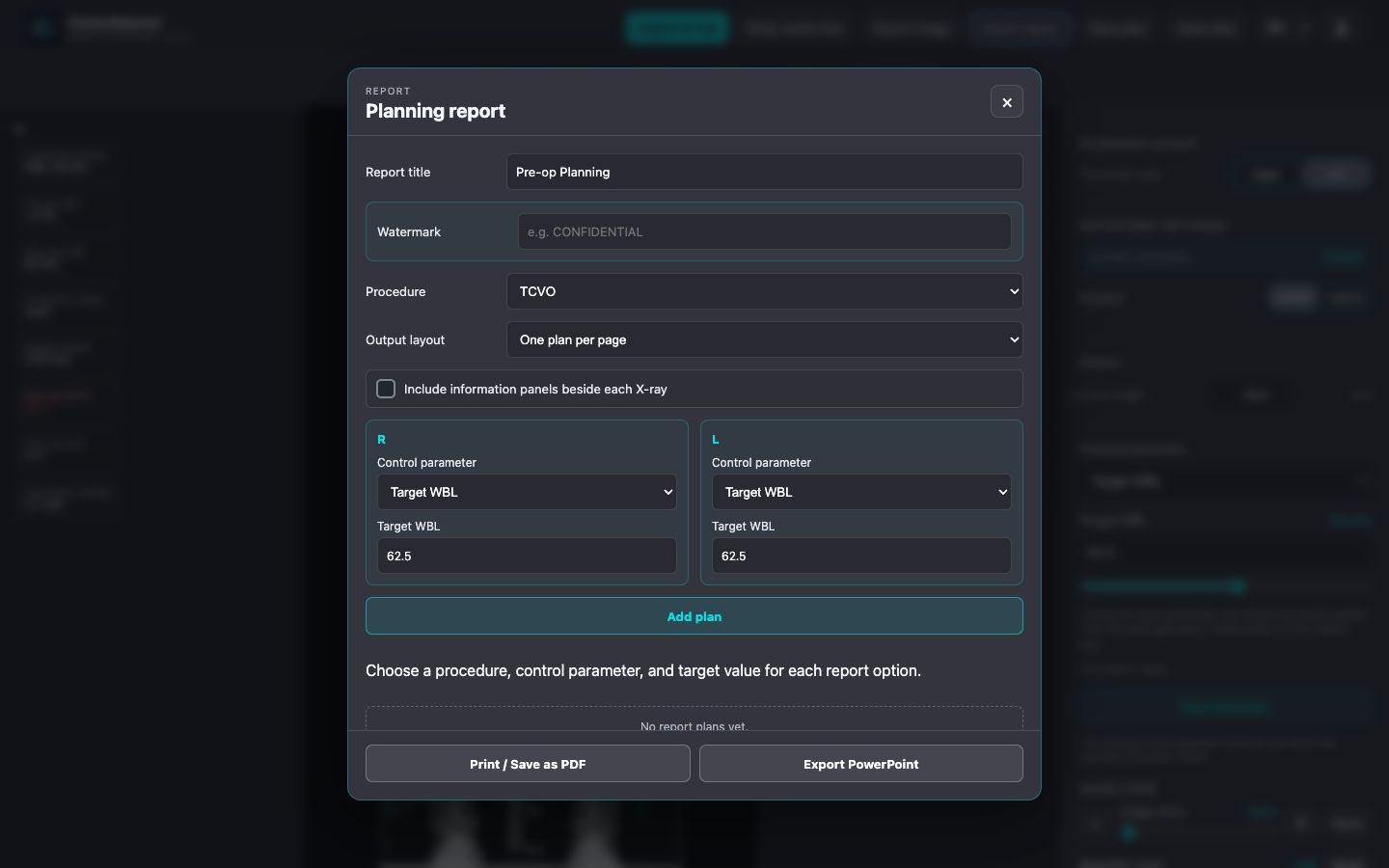 Real OsteoMaster desktop browser planning report dialog with PDF and PowerPoint export controls
